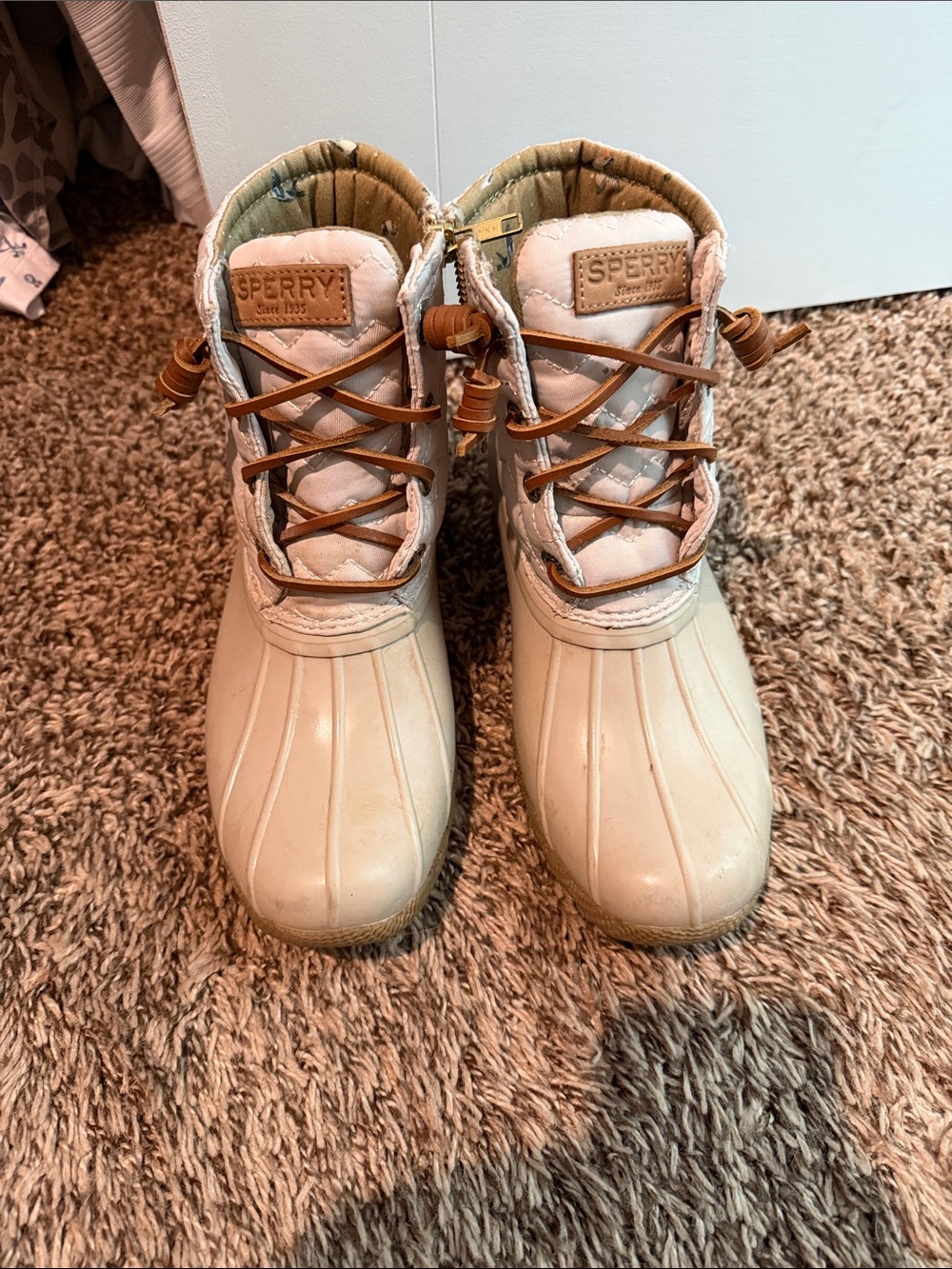 Sperry Beige Quilted Duck Boots with Tan Laces